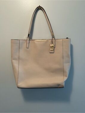 Coach Light Beige Leather Tote with Gold Accents